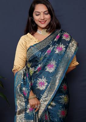 Teal blue banarasi silk blend saree with  zari floral buta work 3