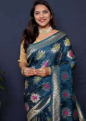 Teal blue banarasi silk blend saree with  zari floral buta work 4