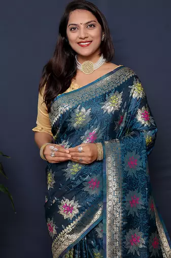 Teal blue banarasi silk blend saree with  zari floral buta work