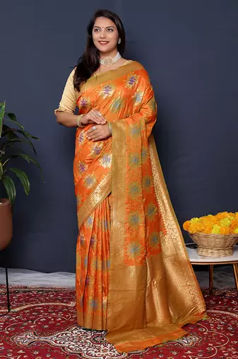 Orange banarasi silk blend saree with  zari floral buta work