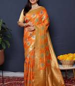Orange banarasi silk blend saree with  zari floral buta work