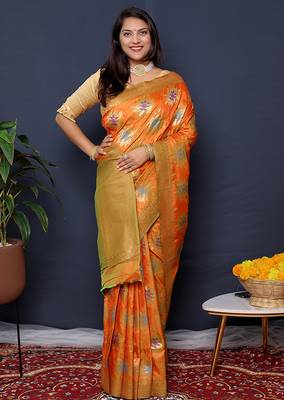 Orange banarasi silk blend saree with  zari floral buta work 2