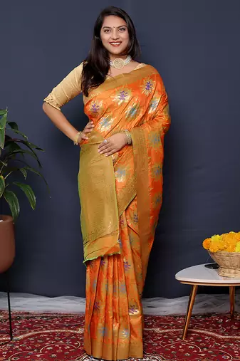 Orange banarasi silk blend saree with  zari floral buta work