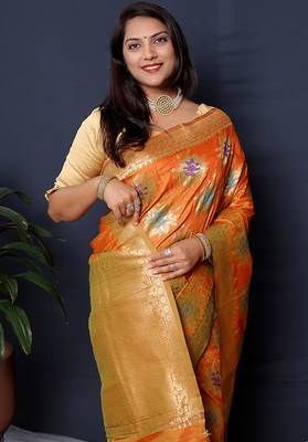 Orange banarasi silk blend saree with  zari floral buta work 4
