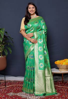 Sea green banarasi silk blend saree with  zari floral buta work 1