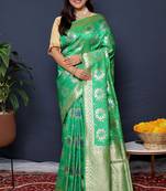 Sea green banarasi silk blend saree with  zari floral buta work