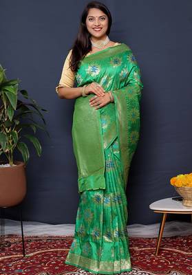 Sea green banarasi silk blend saree with  zari floral buta work 2