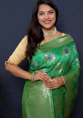 Sea green banarasi silk blend saree with  zari floral buta work 3