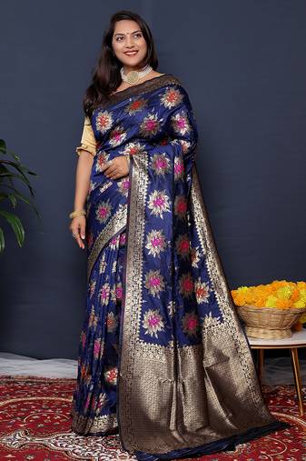 Navy blue banarasi silk blend saree with  zari floral buta work