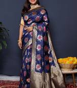 Navy blue banarasi silk blend saree with  zari floral buta work
