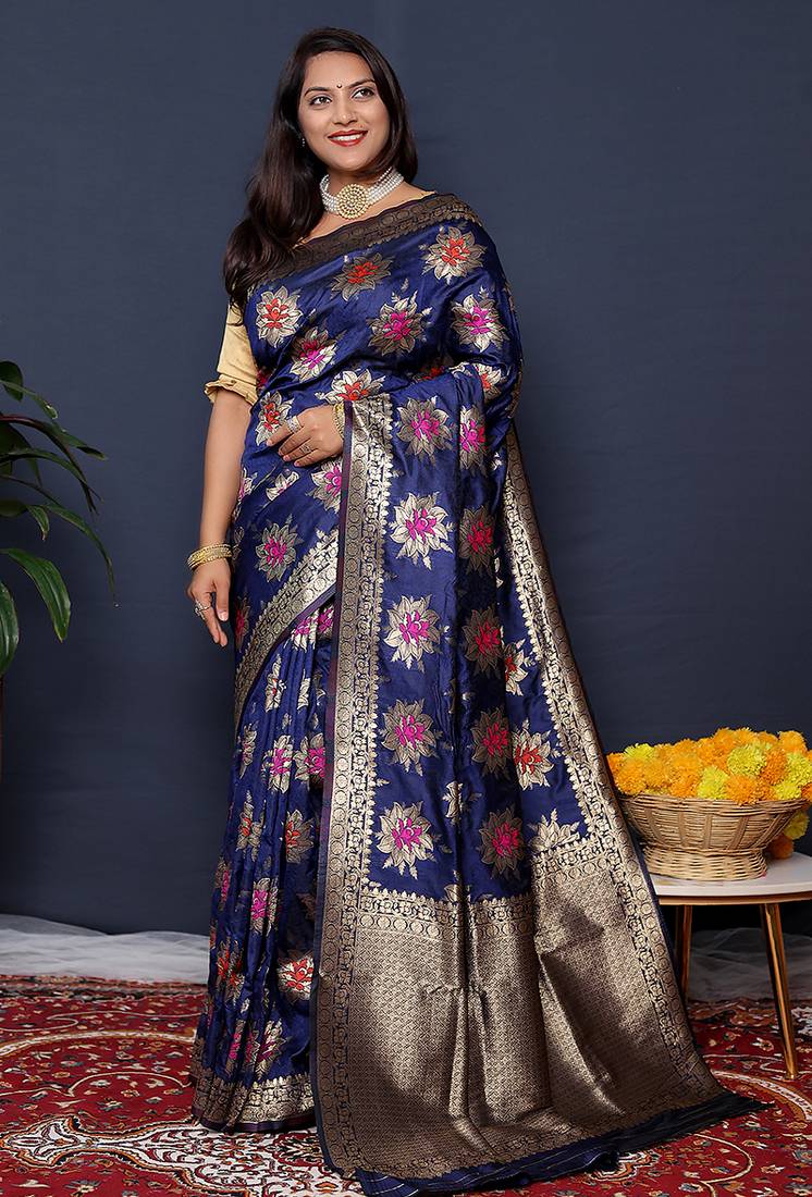 Navy blue banarasi silk blend saree with  zari floral buta work