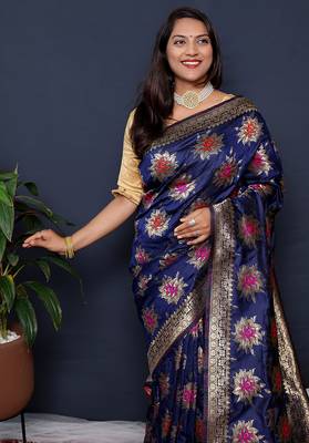 Navy blue banarasi silk blend saree with  zari floral buta work 2