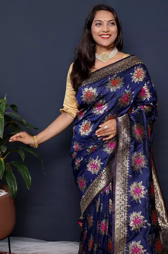 Navy blue banarasi silk blend saree with  zari floral buta work