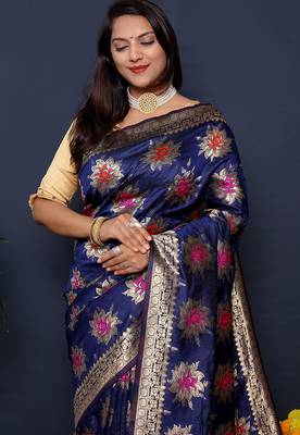 Navy blue banarasi silk blend saree with  zari floral buta work 3
