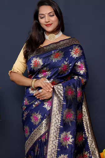 Navy blue banarasi silk blend saree with  zari floral buta work