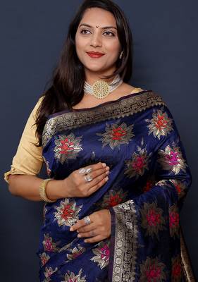 Navy blue banarasi silk blend saree with  zari floral buta work 4