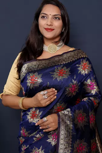 Navy blue banarasi silk blend saree with  zari floral buta work