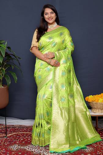 Light green banarasi silk blend saree with  zari floral buta work