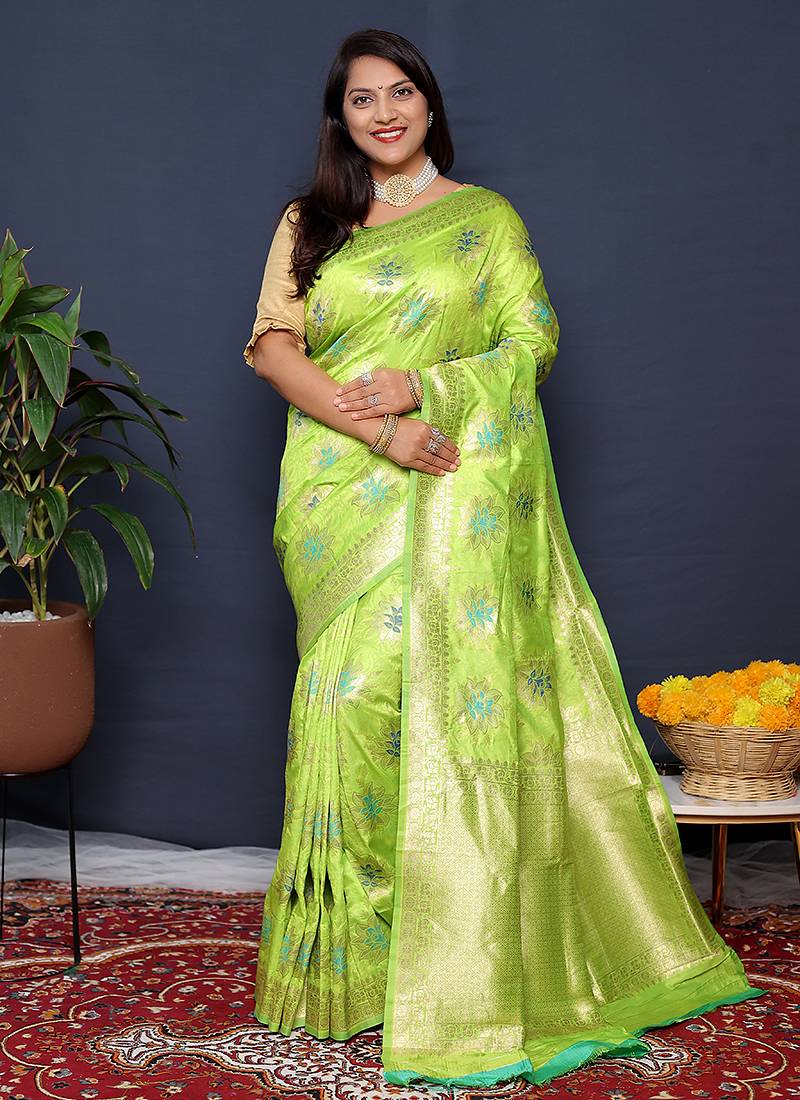 Light green banarasi silk blend saree with  zari floral buta work