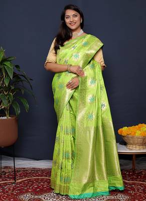Light green banarasi silk blend saree with  zari floral buta work 2