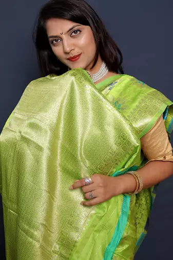 Light green banarasi silk blend saree with  zari floral buta work