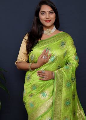 Light green banarasi silk blend saree with  zari floral buta work 4