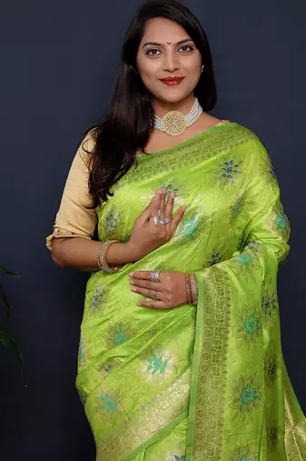 Light green banarasi silk blend saree with  zari floral buta work