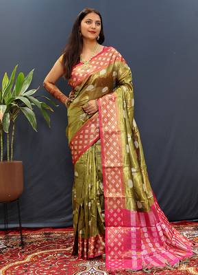 Olive green banarasi silk blend saree with contrast geometric border 1