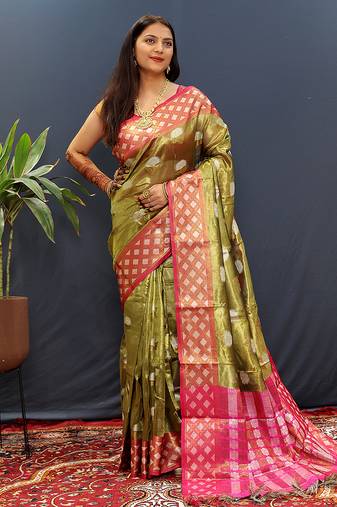 Olive green banarasi silk blend saree with contrast geometric border