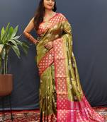 Olive green banarasi silk blend saree with contrast geometric border