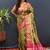 Olive green banarasi silk blend saree with contrast geometric border