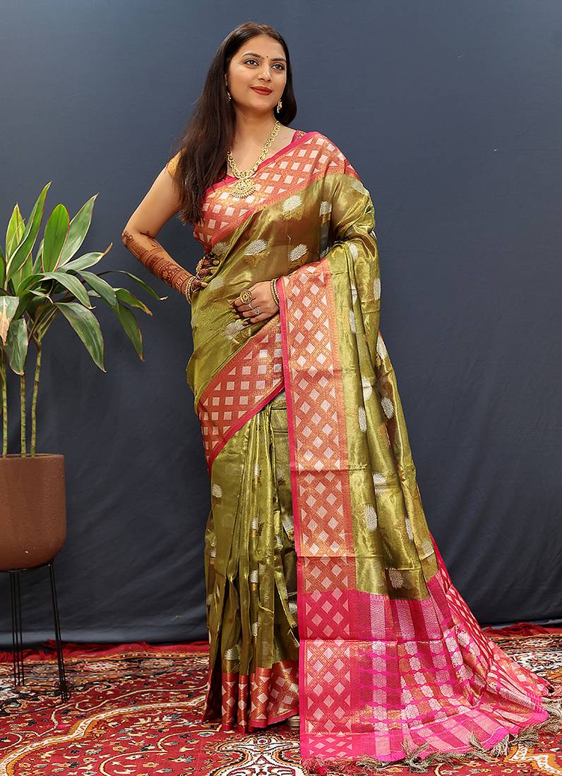 Olive green banarasi silk blend saree with contrast geometric border
