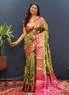 Olive green banarasi silk blend saree with contrast geometric border 2