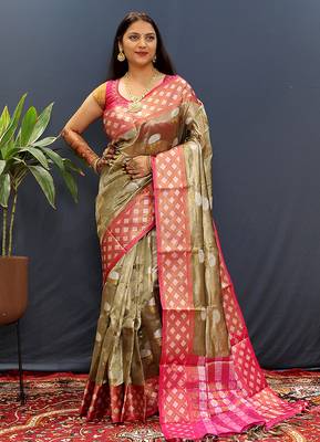 Olive gold banarasi silk blend saree with contrast zari border 1