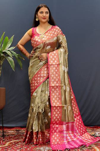 Olive gold banarasi silk blend saree with contrast zari border