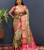 Olive gold banarasi silk blend saree with contrast zari border
