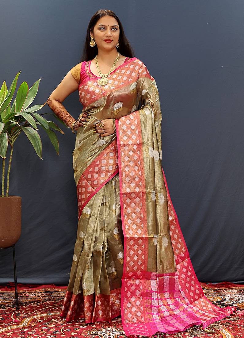 Olive gold banarasi silk blend saree with contrast zari border