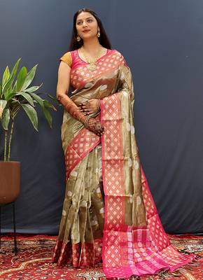 Olive gold banarasi silk blend saree with contrast zari border 2