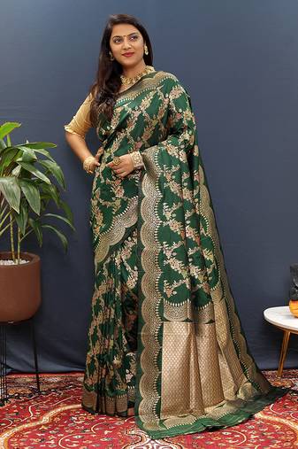 Dark green banarasi silk blend saree with gold zari floral weaving & rich pallu