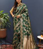 Dark green banarasi silk blend saree with gold zari floral weaving & rich pallu
