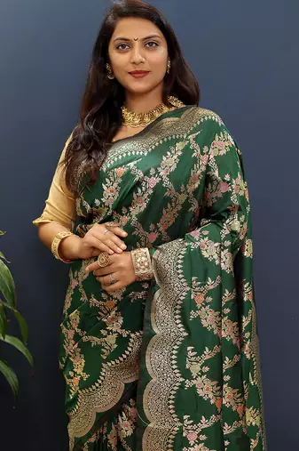 Dark green banarasi silk blend saree with gold zari floral weaving & rich pallu