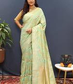 Mint green banarasi silk blend saree with gold zari floral weaving & rich pallu