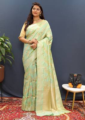 Mint green banarasi silk blend saree with gold zari floral weaving & rich pallu 2