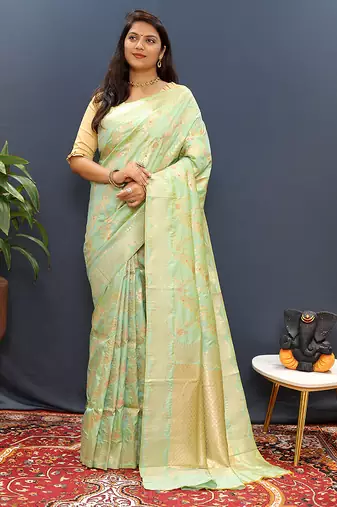 Mint green banarasi silk blend saree with gold zari floral weaving & rich pallu