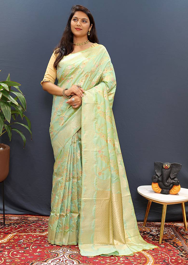 Mint green banarasi silk blend saree with gold zari floral weaving & rich pallu