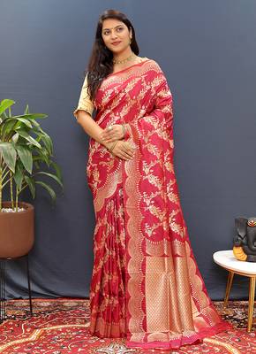 Rani pink banarasi silk blend saree with gold zari floral weaving & rich pallu 1