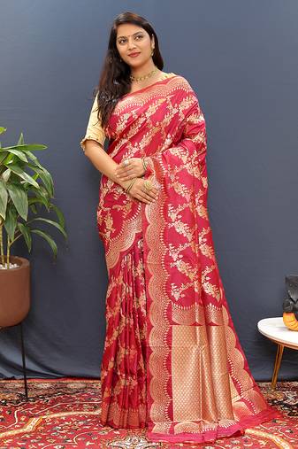 Rani pink banarasi silk blend saree with gold zari floral weaving & rich pallu