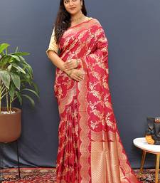 Rani pink banarasi silk blend saree with gold zari floral weaving & rich pallu