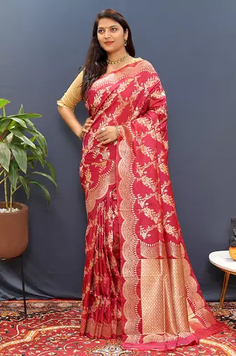 Rani pink banarasi silk blend saree with gold zari floral weaving & rich pallu
