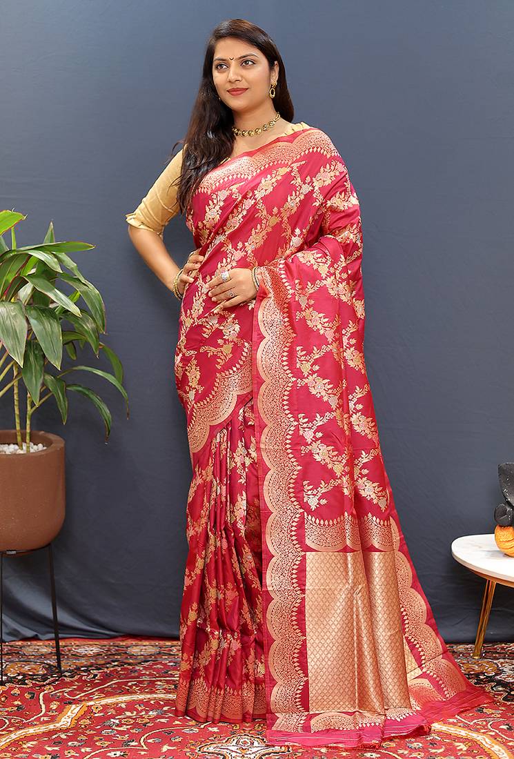 Rani pink banarasi silk blend saree with gold zari floral weaving & rich pallu